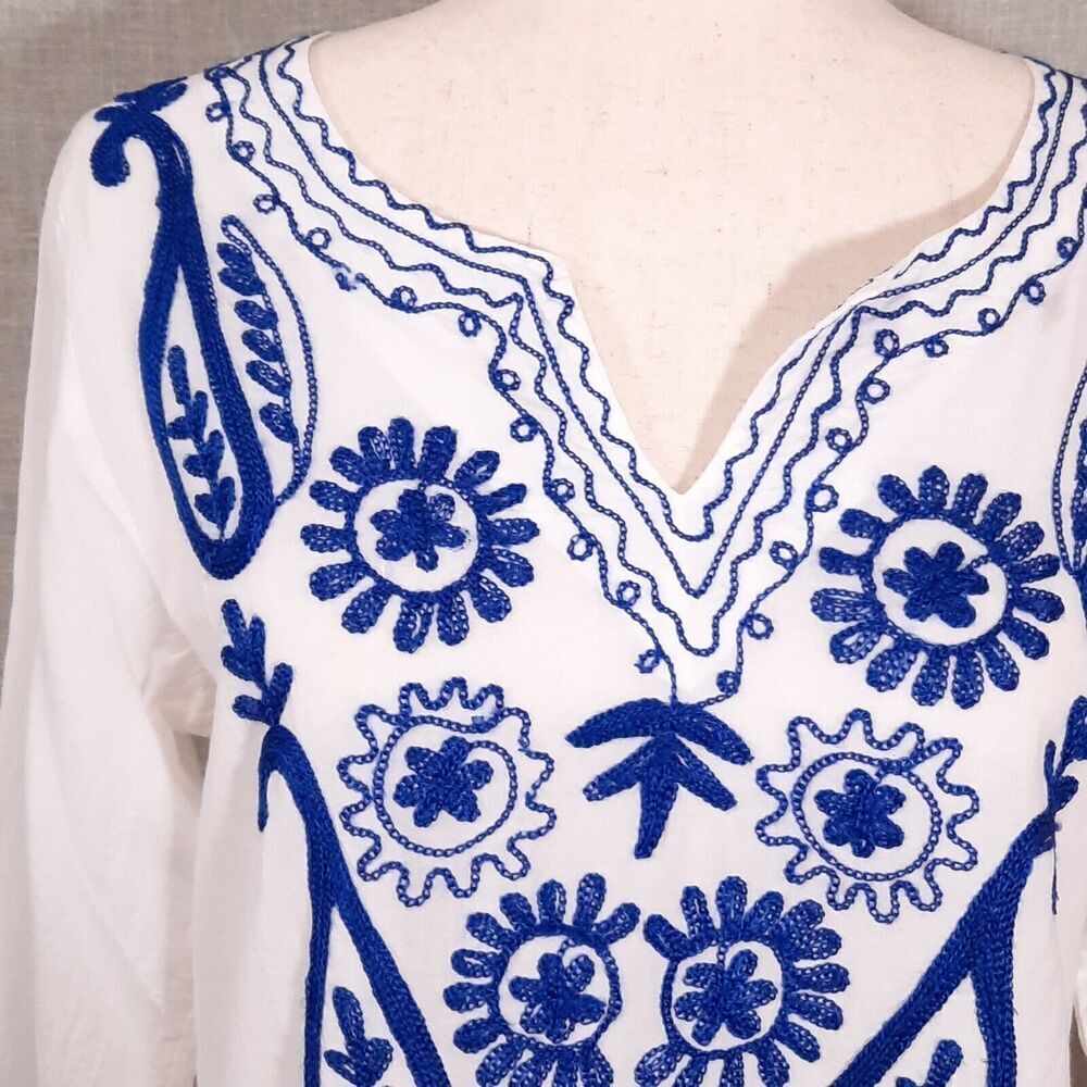 Sita Women's Floral Embroidered Tunic Size Small White 100% Cotton 3/4 Sleeve - Picture 5 of 13